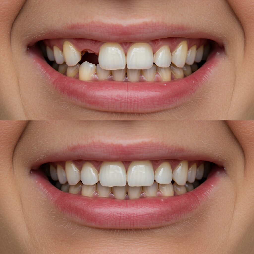 before and after getting a dental implant for a front tooth